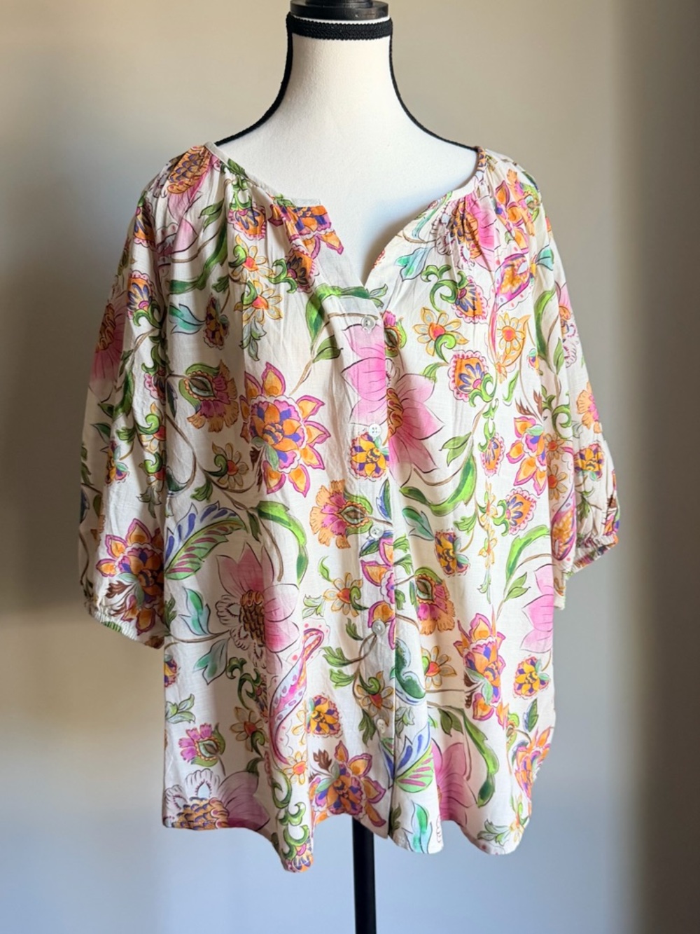 NEW Liverpool Floral Button-Front Peasant Blouse - Pink, Green & Yellow